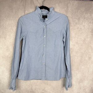 Nili Lotan Striped Pearl Snap Striped Ruffled-Neck Blouse In Blue Size S